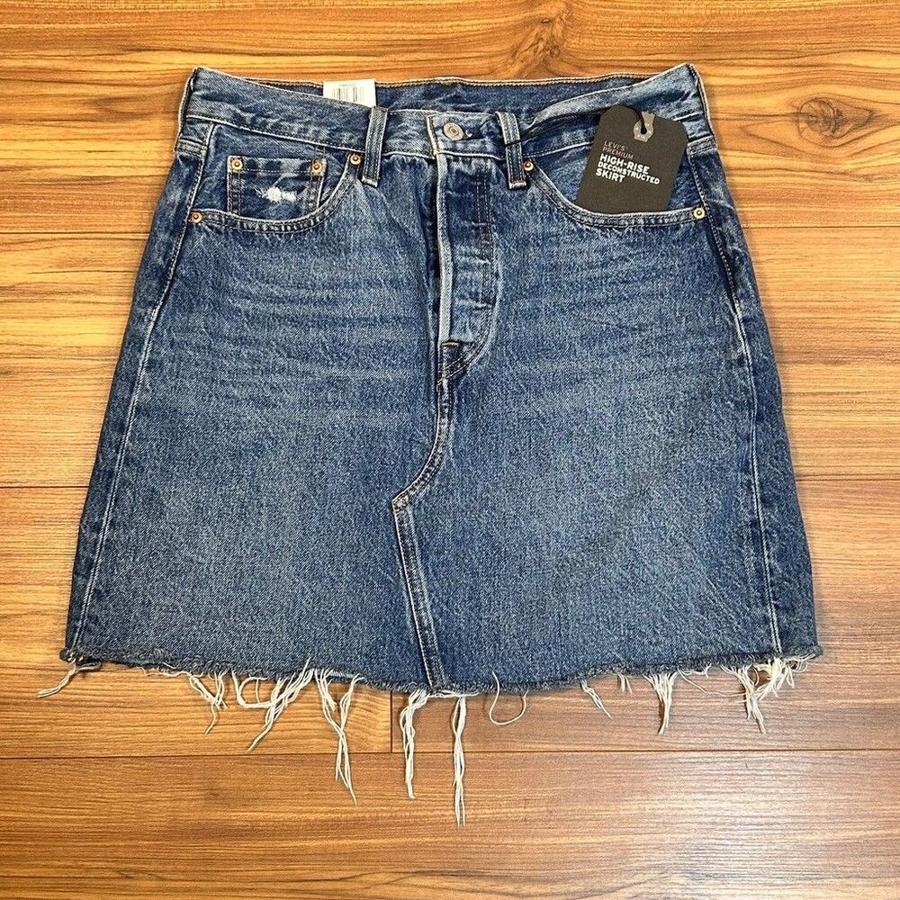 Levis Premium High Rise Deconstructed Denim Skirt Womens 25 Blue Jean Distressed